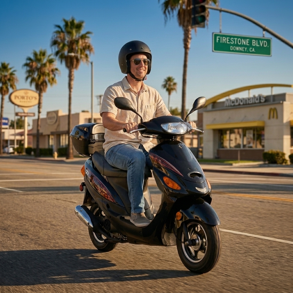 50cc scooter rider on Firestone Blvd Downey CA near Porto's and McDonald's — FE Motorsports