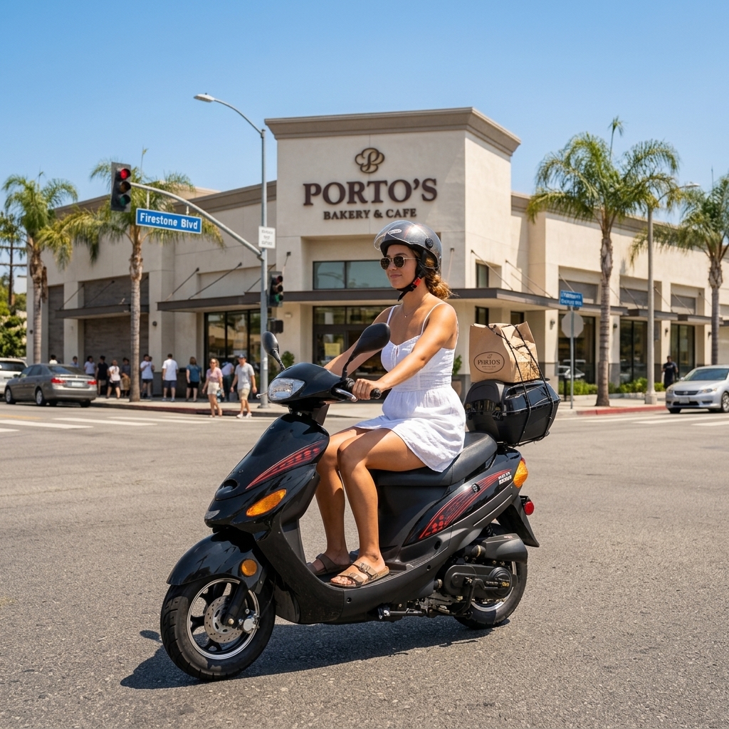 50cc scooter rider near Porto's Bakery on Firestone Blvd Downey CA — FE Motorsports