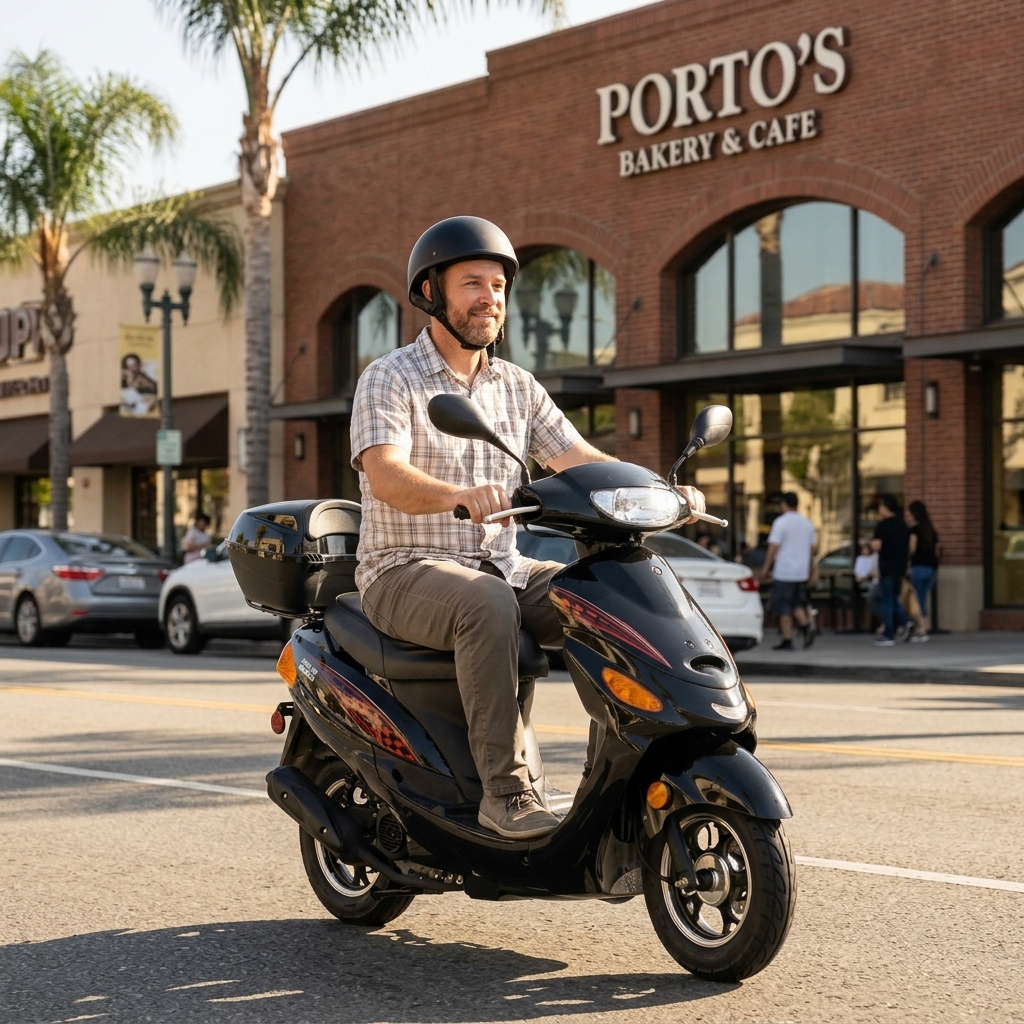 Scooter 50cc manejando cerca de Porto's Bakery Downey CA — FE Motorsports