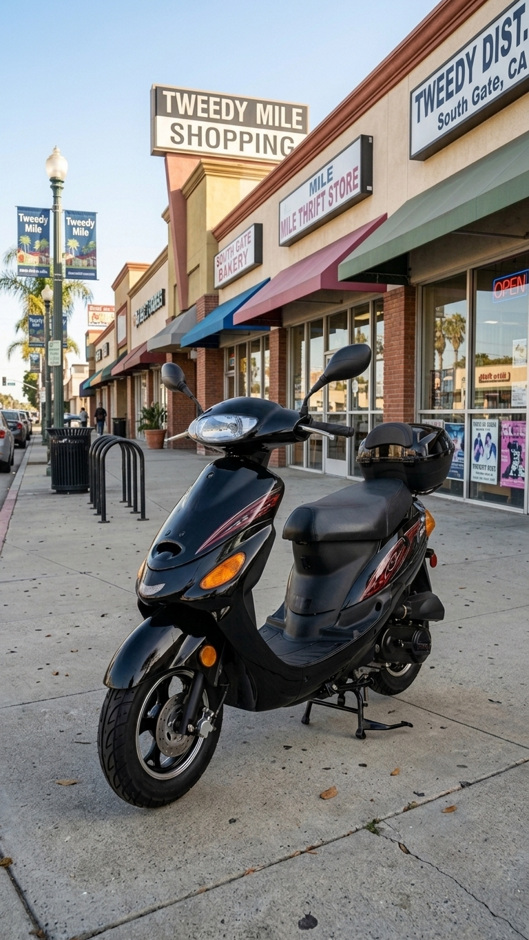 Black 50cc scooter parked at Tweedy Mile Shopping District South Gate — FE Motorsports