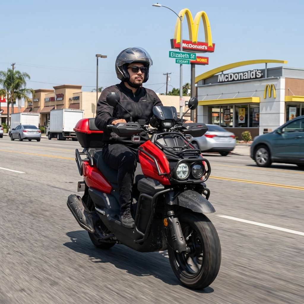 Red Tank 200 scooter riding on Elizabeth St Cudahy near McDonald's — FE Motorsports
