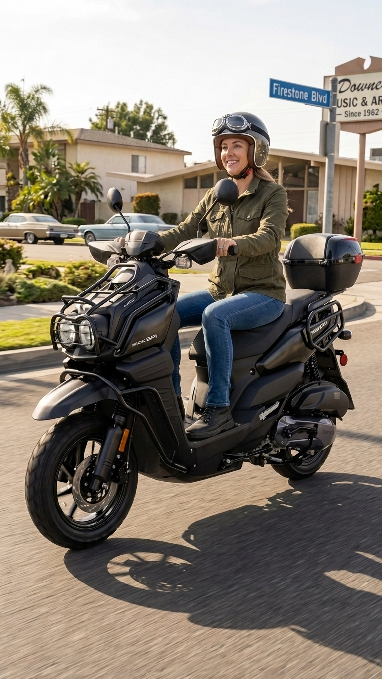 Black Tank 200 scooter riding on Firestone Blvd Downey CA — FE Motorsports