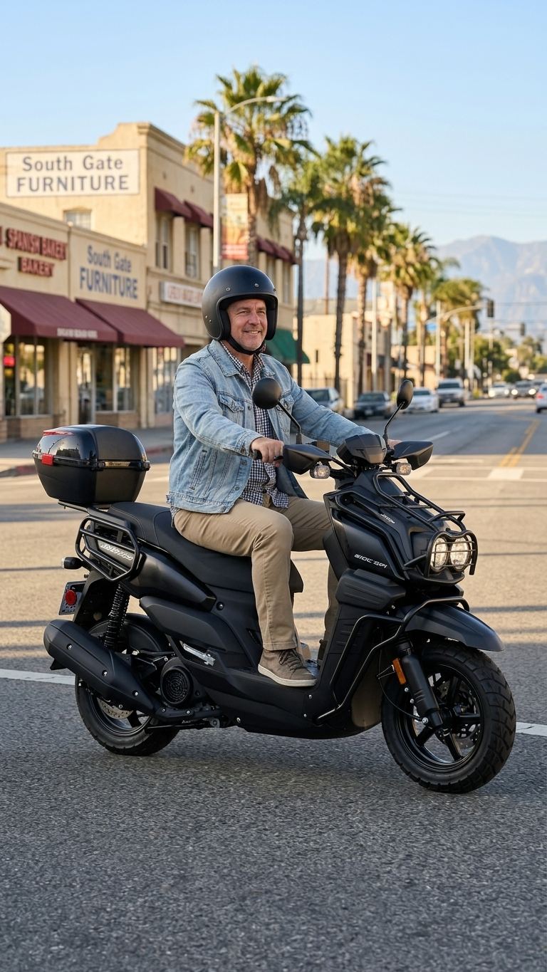 Black Tank 200 scooter riding on Tweedy Blvd South Gate — FE Motorsports