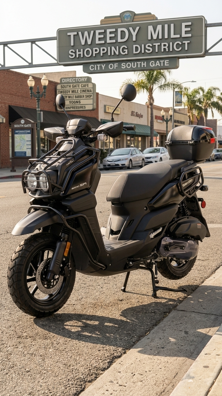 Black Tank 200 scooter at Tweedy Mile Shopping District South Gate — FE Motorsports