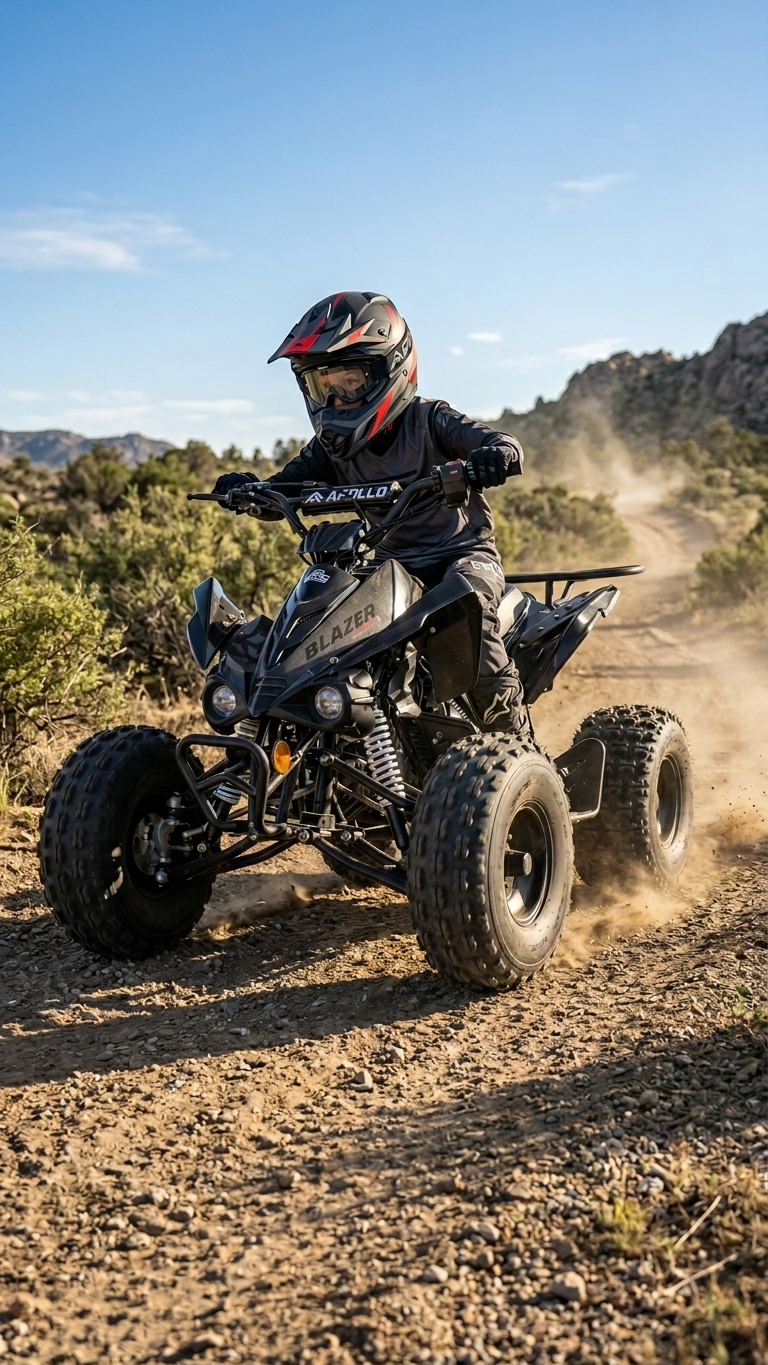 Apollo Blazer 9 125cc youth ATV on dirt trail California — FE Motorsports