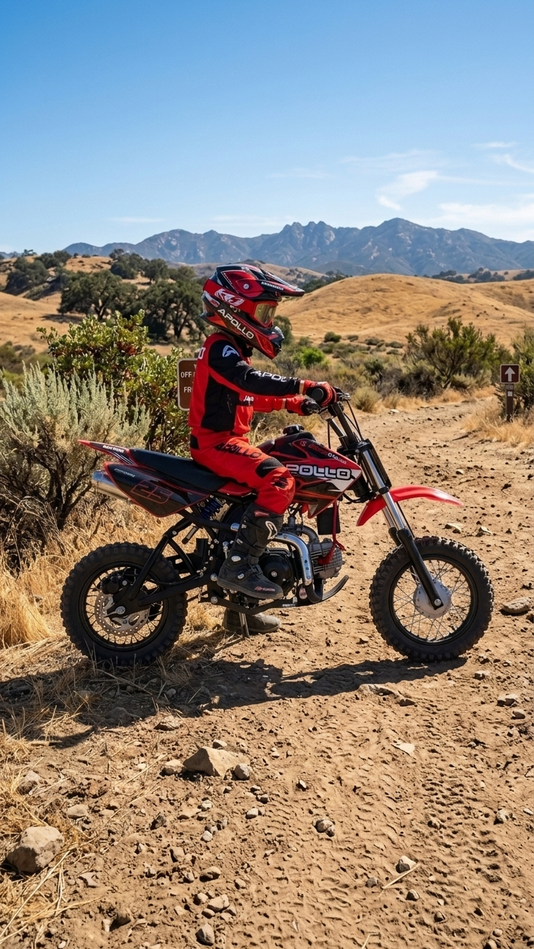 Youth rider on Apollo DB-25 70cc red dirt bike California trail — FE Motorsports