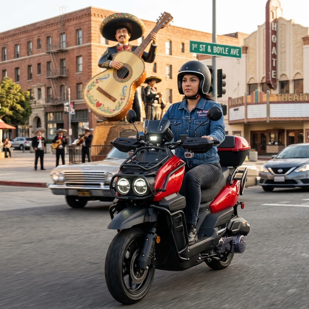Red Tank 200 scooter at 1st St and Boyle Ave Mariachi Plaza with mariachi statue — FE Motorsports Boyle Heights