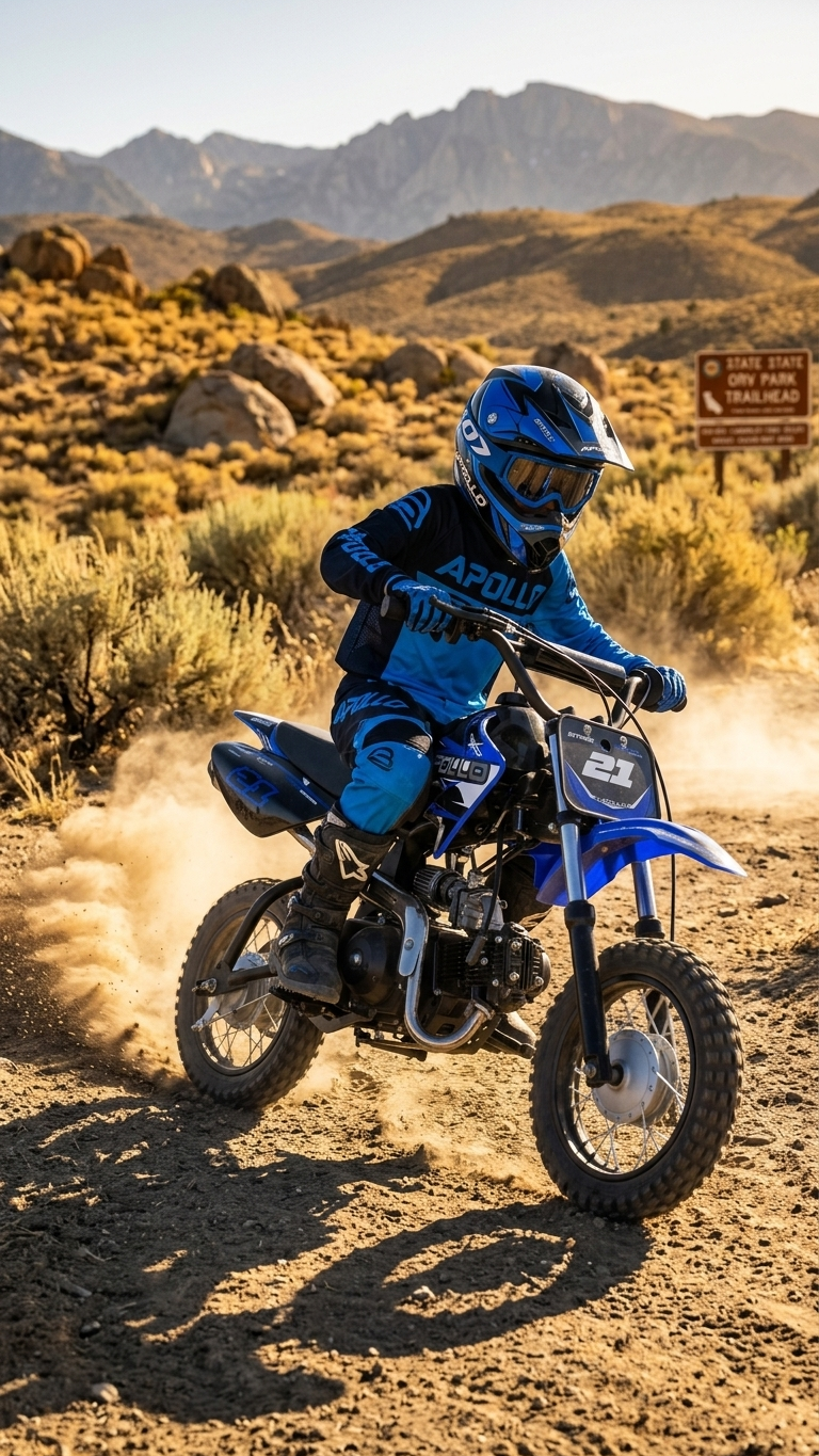 Youth rider on Apollo DB-21 dirt bike at OHV trailhead near Riverside CA — FE Motorsports