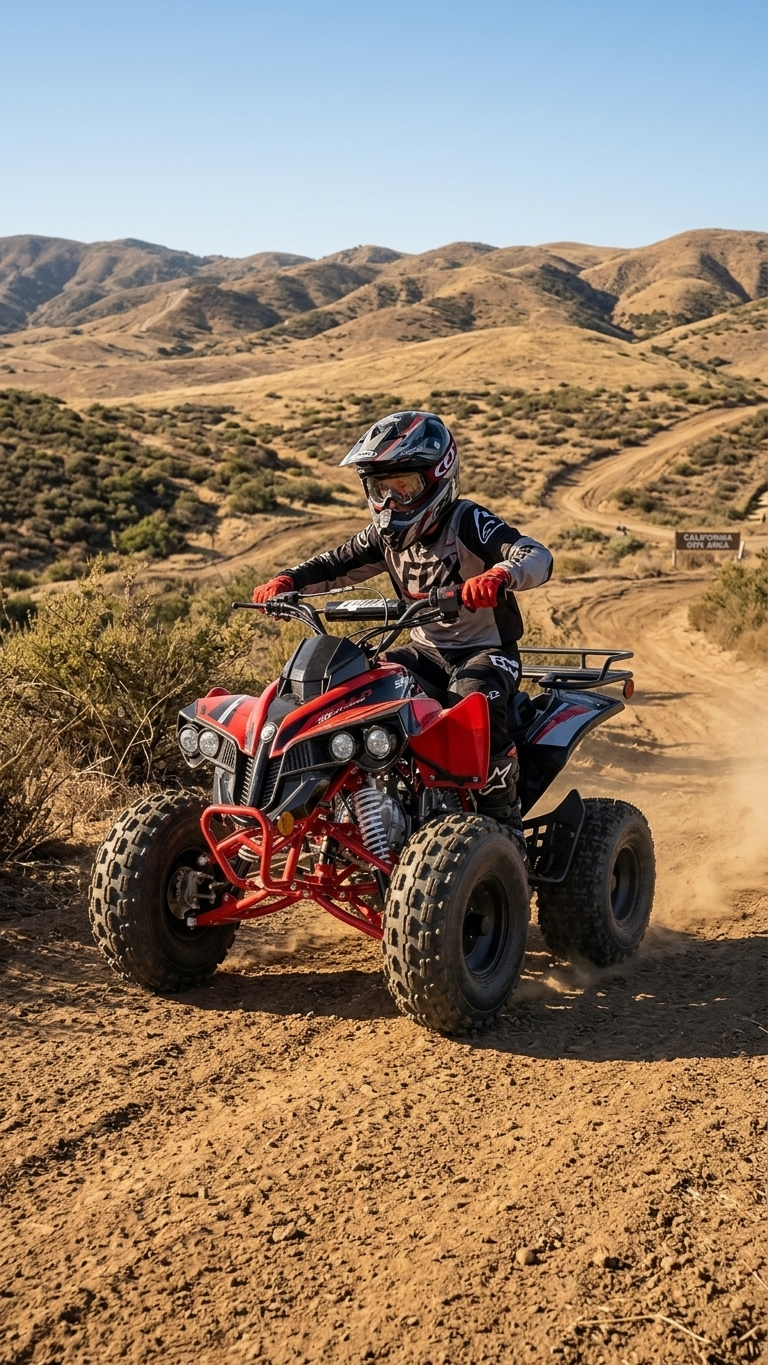 Youth rider on Apollo Sportrax 125cc ATV California OHV trail — FE Motorsports
