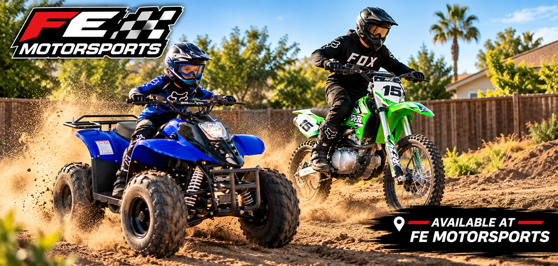 Kids riding ATVs on backyard property in Bakersfield — FE Motorsports