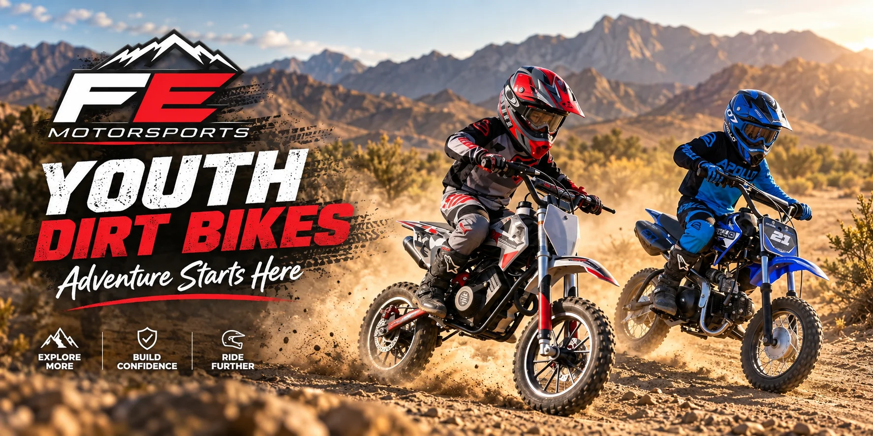 Youth dirt bikes Los Angeles — SYX 58cc and Apollo DB-21 at FE Motorsports