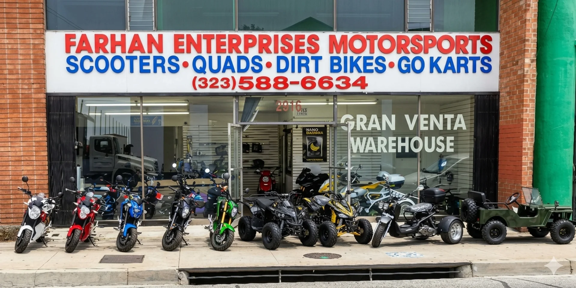 Frente de FE Motorsports en Los Ángeles — especialistas en refacciones para motos chinas y motores GY6